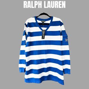 Ralph Lauren - Blue and White Striped V-Neck Pullover Sweatshirt